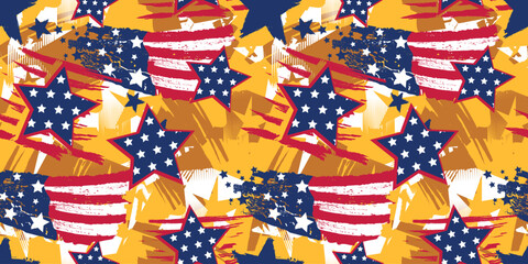 Seamless patriotic pattern with abstract stars and American flag textures in red, white, and blue. Grunge brush strokes on orange background. Bold USA-themed design for prints or textiles.