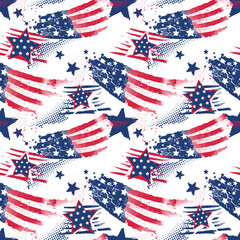 Seamless patriotic pattern with abstract stars and American flag textures in red, white, and blue. Grunge brush strokes on orange background. Bold USA-themed design for prints or textiles.
