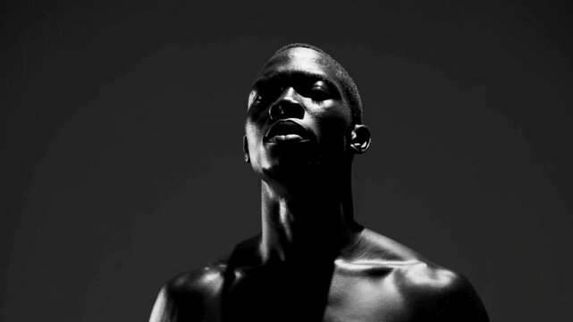 Slow Motion 4K UHD Black & White Video of African American Male Fitness Model Looking Directly At The Camera copy