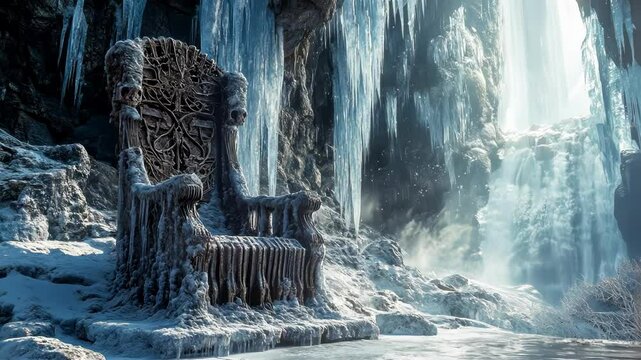 Frozen throne near icy waterfall, winter fantasy scene