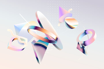  Glass 3D geometric shapes in retro style. Abstract vintage elements for graphic design.