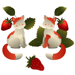 Two white cats with red spots on the background of strawberry bushes. Vector illustration isolated on a white background.