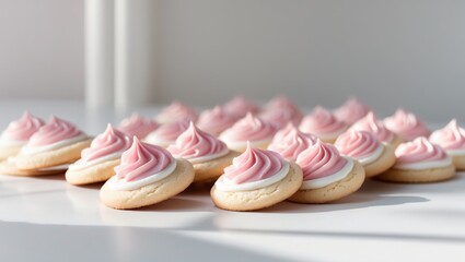A batch of pink frosted soft sugar cookies arranged diagonally on white surface