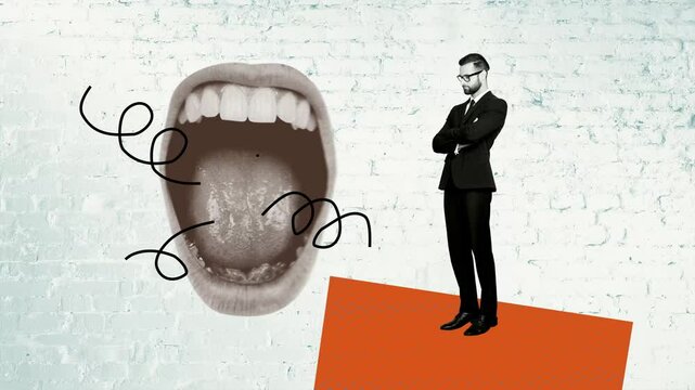 Creative poster motion collage video of puzzled employee hate boss scream abuse