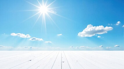  Bright Sunlight Over Wooden Deck with Clear Blue Sky and Fluffy Clouds