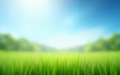 World environment day concept: green grass and blue sky abstract background with bokeh. High quality