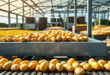 Clean yellow potatoes on conveyor belt, sunny factory, farm backdrop,  produce,  factory