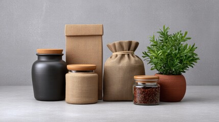 Eco-friendly packaging zero waste consumer concept. Containers and a plant arranged aesthetically on a surface against a textured background.