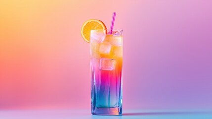 Bright layered cocktail with ice and straw