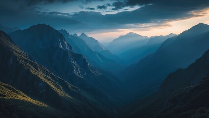 Fototapeta premium First Light In The Morning, Through The Towering Dark Blue Mountains.. With Empty Copy Space For Text