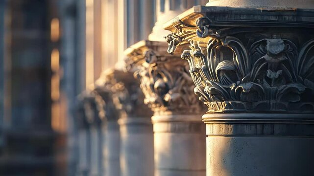 Ornate stone columns at sunset, architectural detail