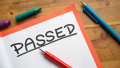 Text "PASSED" written in a notebook with colorful markers on wood  