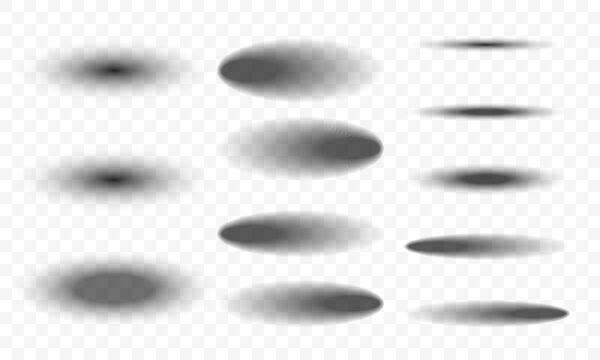 Vector set of shadows with soft gradients on transparent background, perfect for mockups, overlays, UI elements, product showcases and web design.