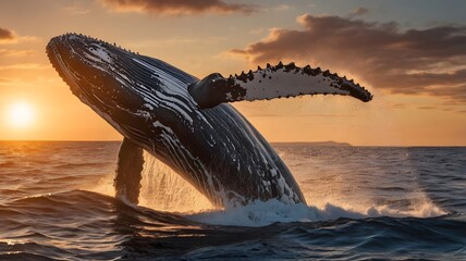 Obraz premium Freedom of the Sea, Whale Breaching at Sunset