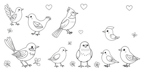 Obraz premium Whimsical black and white contour line drawings of cute Scandinavian-style birds; perfect for kids' projects, artwork, minimalist