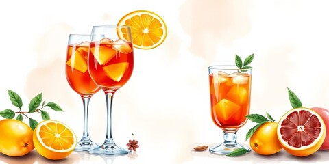 Watercolor illustration of an Aperol spritz cocktail set, featuring lemons and ancient-inspired elements, wedding, ancient