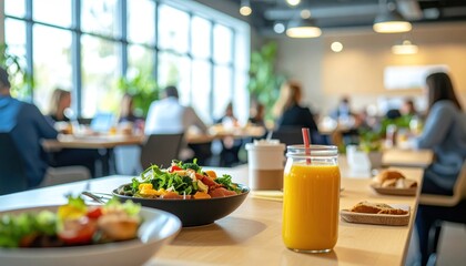 Bright, blurred cafe with people. Focus on salad and juice foreground, tables, and large windows