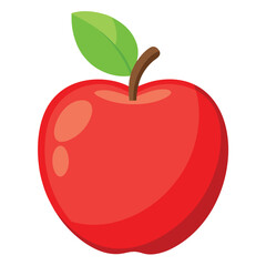 CartoonStyle Red Apple With Green Leaf And Brown Stem Isolated on White