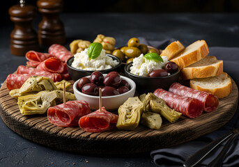 Italian appetizers arranged on old wooden platter.