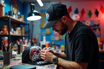 Artist crafting personalized graffiti design on a baseball cap in a shadowy underground art space