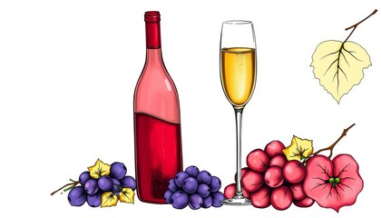 Elegant hand-drawn wine bottle, champagne glass, and grapes; perfect for Valentine's Day or wedding invitations,  set,  champagne