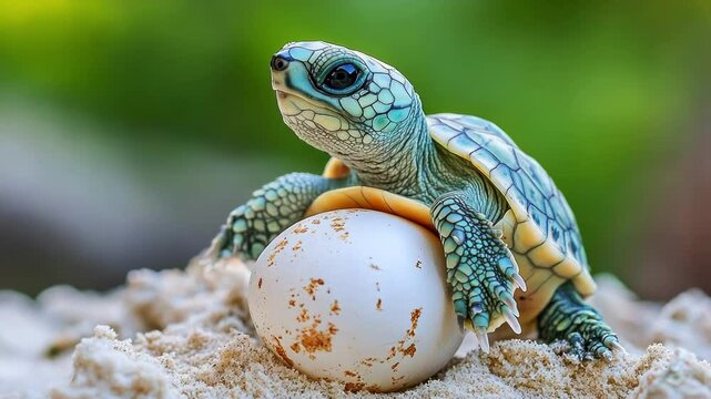 Baby turtle hatching from egg on sandy beach