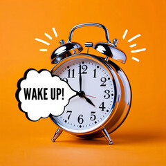 Vintage Silver Alarm Clock Showing 7 AM with Wake Up Speech Bubble on Bright Orange Background