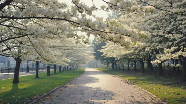 A tree-lined path in a park during spring with cherry blossoms blooming.