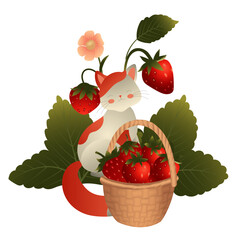 Basket of strawberries and a cute kitten on the background of a strawberry bush. Vector illustration isolated on a white background.