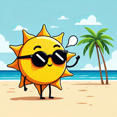 Cute Cartoon Sun Wearing Sunglasses Enjoying Sunny Beach Day with Palm Trees and Blue Sky