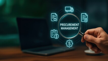 Fototapeta premium Businessman holding magnifying glass over 3D procurement management icons, inspecting supply chain details, procurement management, supply chain, procure protect