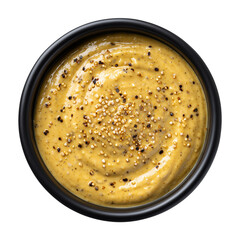 honey mustard sauce with seeds in black bowl top view isolated