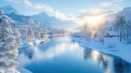 Winter wonderland village by a serene river