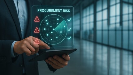 Business hand using digital device with holographic procurement risk analytics radar, analyzing supply chain risks, procurement management, supply chain, procure protect