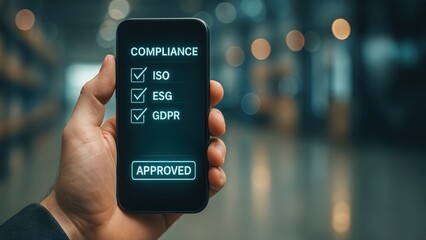 Hand gripping modern smartphone projecting floating compliance checklist for procurement, ensuring supply chain protection, procurement management, supply chain, procure protect