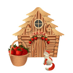 Cute cat with red spots and a basket of strawberries on the background of a fairy-tale wooden house. Above the entrance to the house there is a sign with the inscription fairy tale. Vector