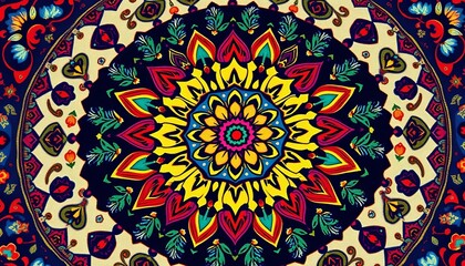 Vibrant mandala flower carpet design in ethnic geometric style, colorful fabric pattern, oriental background, texture, pattern