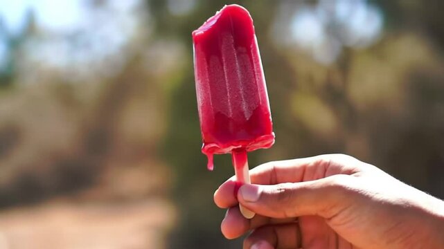 A hand holds a red popsicle against a blurred natural background. The popsicle is bright and refreshing, ideal for warm weather enjoyment.
