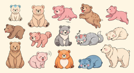 Collection of Cute Cartoon Bears Poses Vector Illustration Designs