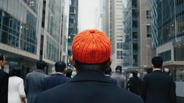 Man wearing bright red knit hat while walking in a crowded city square.