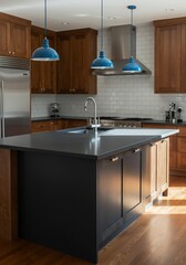 Fototapeta premium Kitchen Interior with Blue Pendant Lights