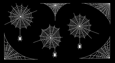 Collection of Spiderwebs and Spiders on a Black Background