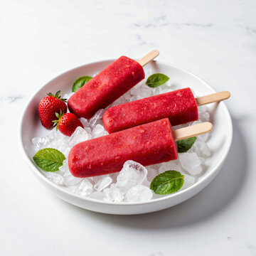 Elegante und klare Studioaufnahme von hausgemachten Erdbeer-Eispops auf Eisw&uuml;rfeln, dekoriert mit Minzbl&auml;ttern und frischen Erdbeeren. Ideal f&uuml;r Werbekampagnen, Produktdarstellungen und Premium-Food