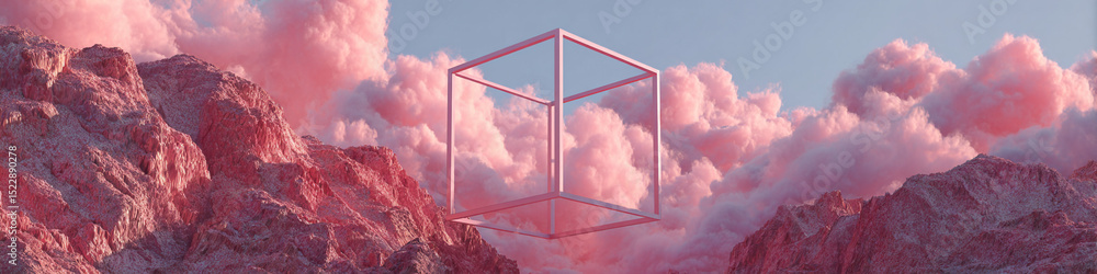 Poster pink cube frame floating between mountains and clouds in a surreal landscape setting scene