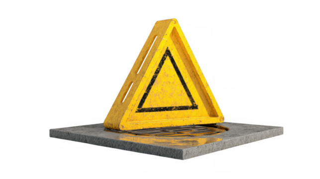 Grungy yellow caution sign covering an open manhole on a transparent background, vividly highlighting the potential dangers associated with urban infrastructure and maintenance work