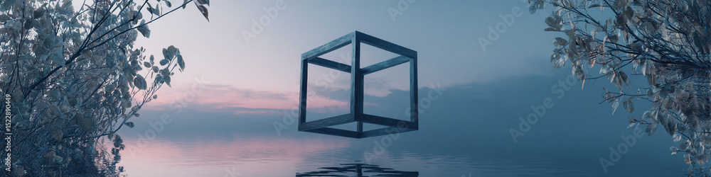 Aufkleber a surreal scene with a cube structure over water reflecting the sky and trees on either side