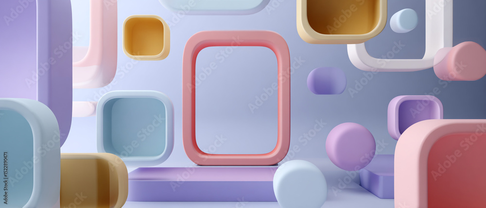 Poster a pastel colored abstract background with rounded squares and circles in a floating arrangement