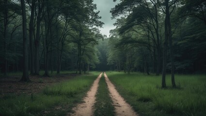 Fototapeta premium View of an empty trail in the woods with no people, dirt path, trees, and green grass.