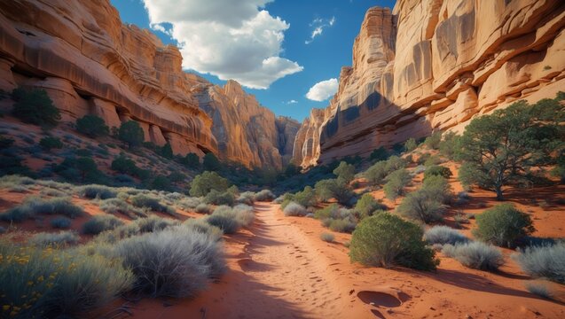Sandstone Hiking Trail in National Park seen from the ground level with canyon walls and desert vegetation. Nature and outdoor adventure, scenery. The theme of exploration and wilderness.