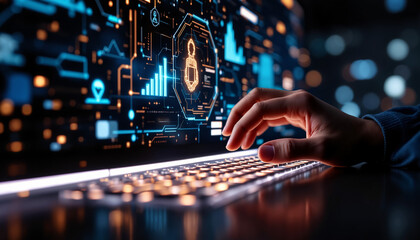 A hand typing on a glowing keyboard in front of a big glowing screen on the wall with advanced computing technology and AI functionality
